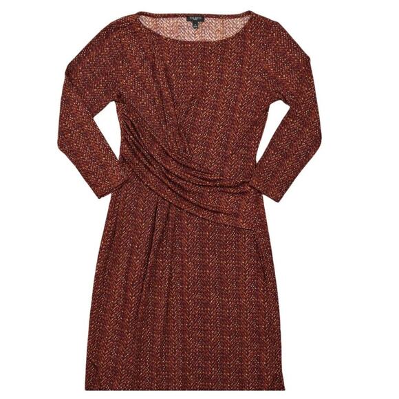 Talbots Petite Red Sheath Dress P Knee Length Crew Neck Long Sleeve Geometric - Picture 1 of 9
